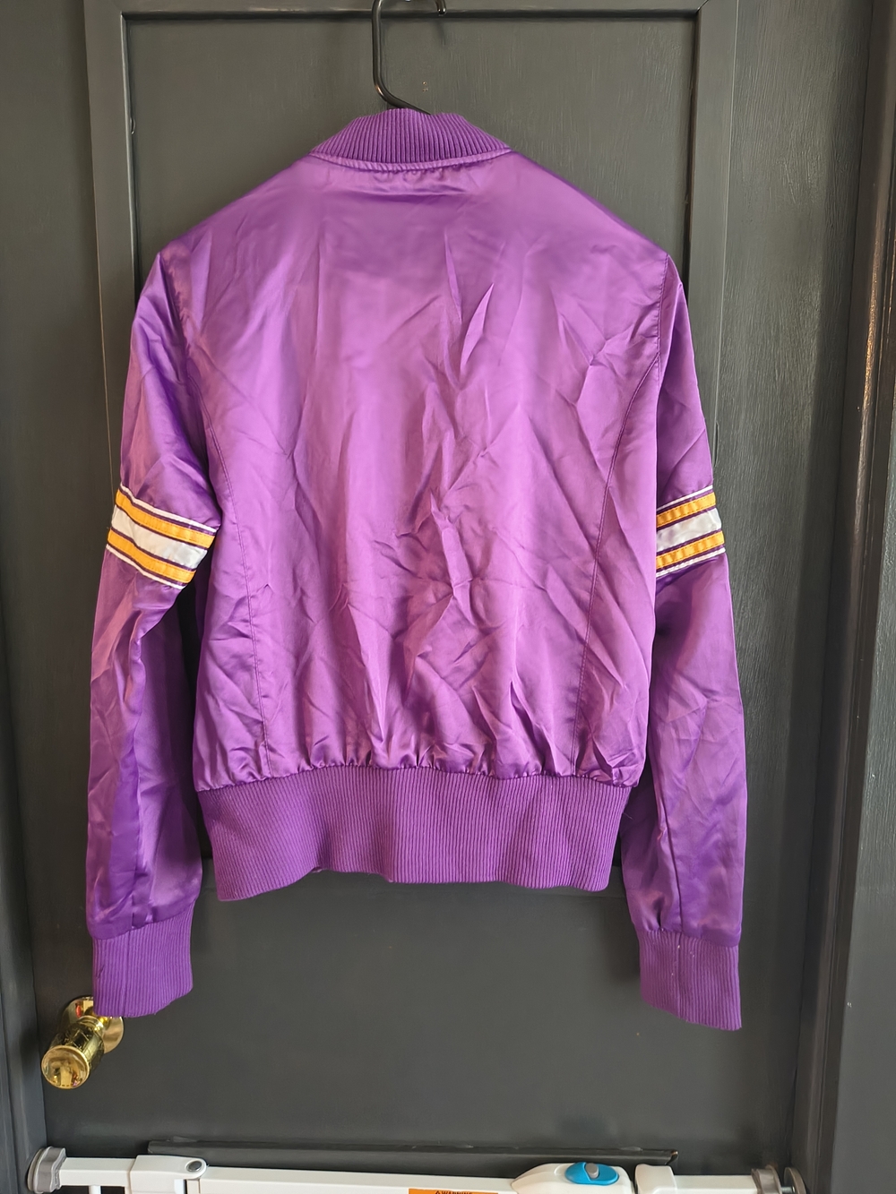 STARTER Purple Los Angeles Lakers Satin Bomber Jacket with Yellow Logo - Picture 2 of 4